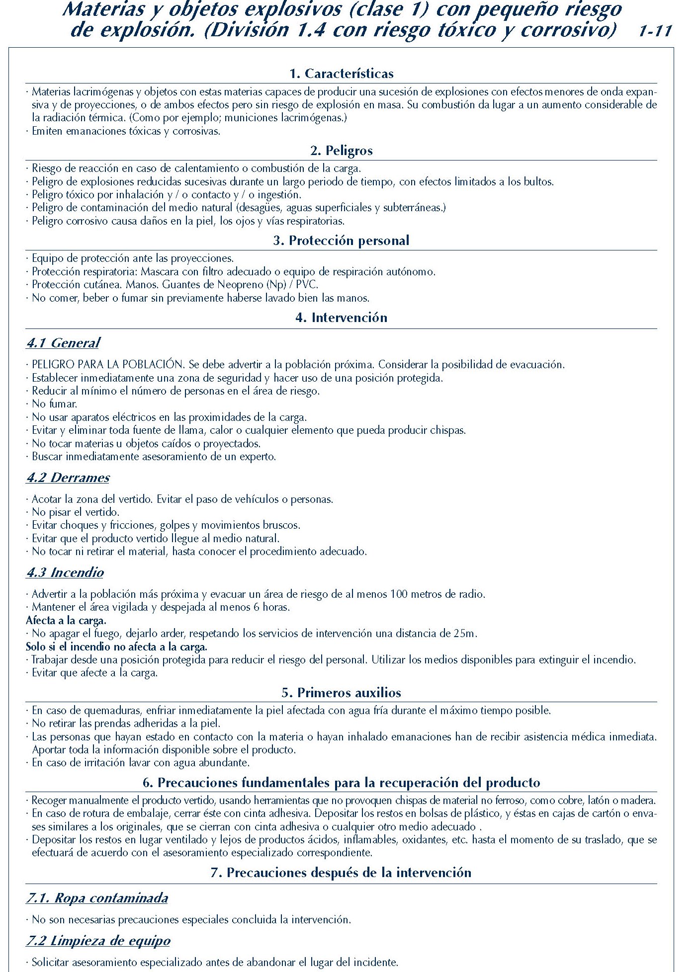 100 FICHA 1-11 CLASE 1 DIVISION 1.4 TOXICO Y CORROSIVO FICHAS EMERGENCIA